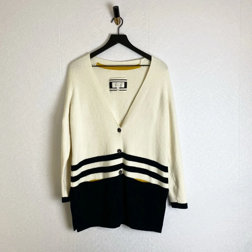 Anthro Angel of the North Varsity Cream Navy Wool Cotton Blend Stripe Cardigan